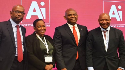 Mr. Tony Elumelu, Chairman Heirs Holdings and recipient of the 'Person of the year’ award (3rd left) flanked by other award recipients; Mr. Bob Collymore, CEO Safaricom (left), Ms. Vicki Fuller, CIO, New York State Common Retirement Fund (2nd left) and Dr Daniel Matjila, CEO, Public Investment Corporation of  South Africa at the AI Investment Summit in New York ..Monday.